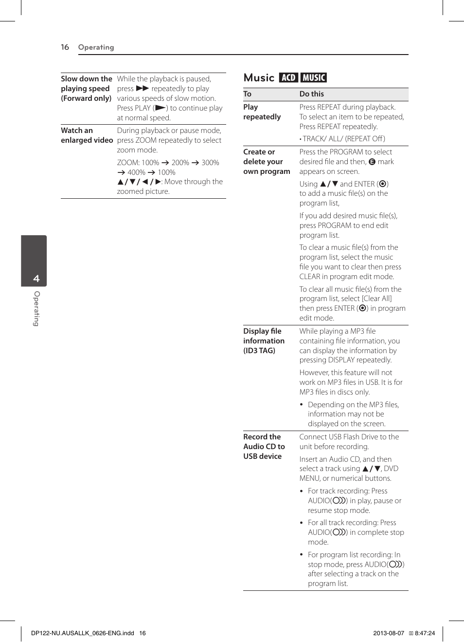 Music tu, Music | LG DP122 User Manual | Page 16 / 22