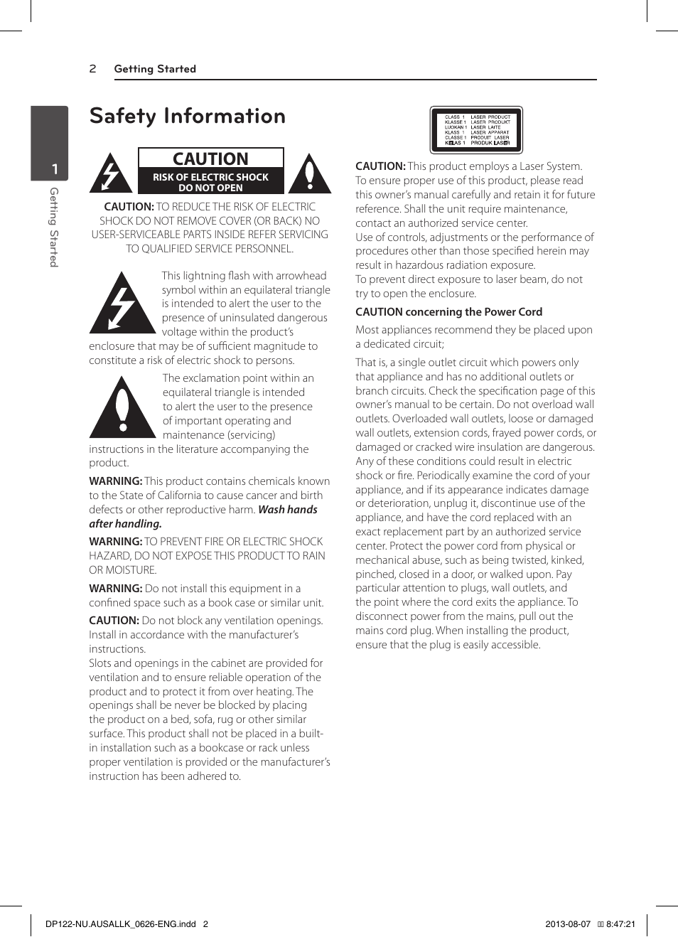 1 getting started, Safety information, Caution | LG DP122 User Manual | Page 2 / 22