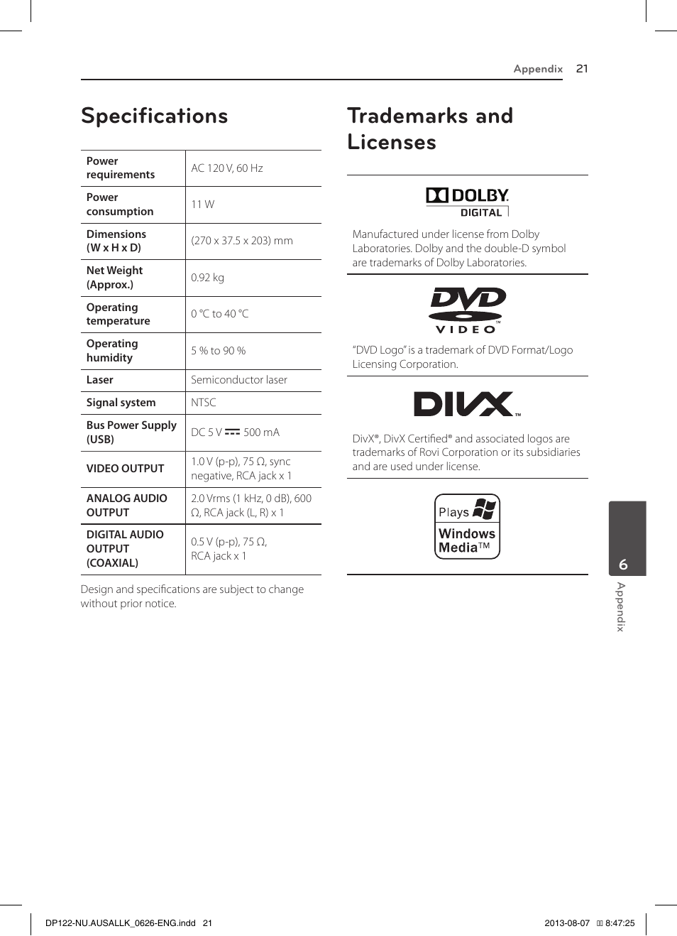 Specifications, Trademarks and licenses | LG DP122 User Manual | Page 21 / 22