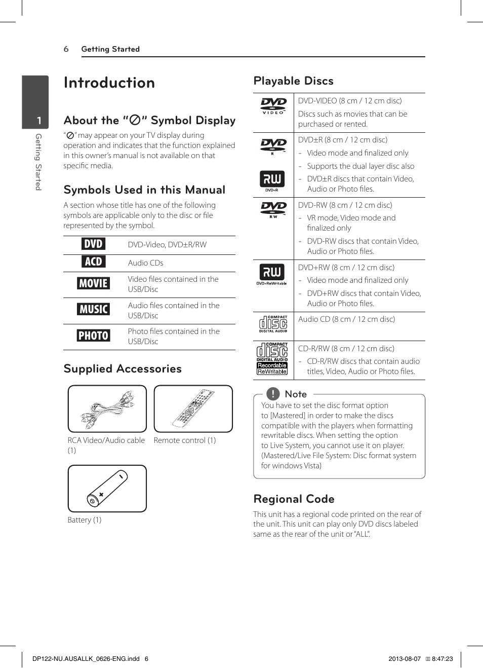Introduction, About the “7” symbol display, Symbols used in this manual | Supplied accessories, Playable discs, Regional code, About the “ 7 ” symbol display | LG DP122 User Manual | Page 6 / 22
