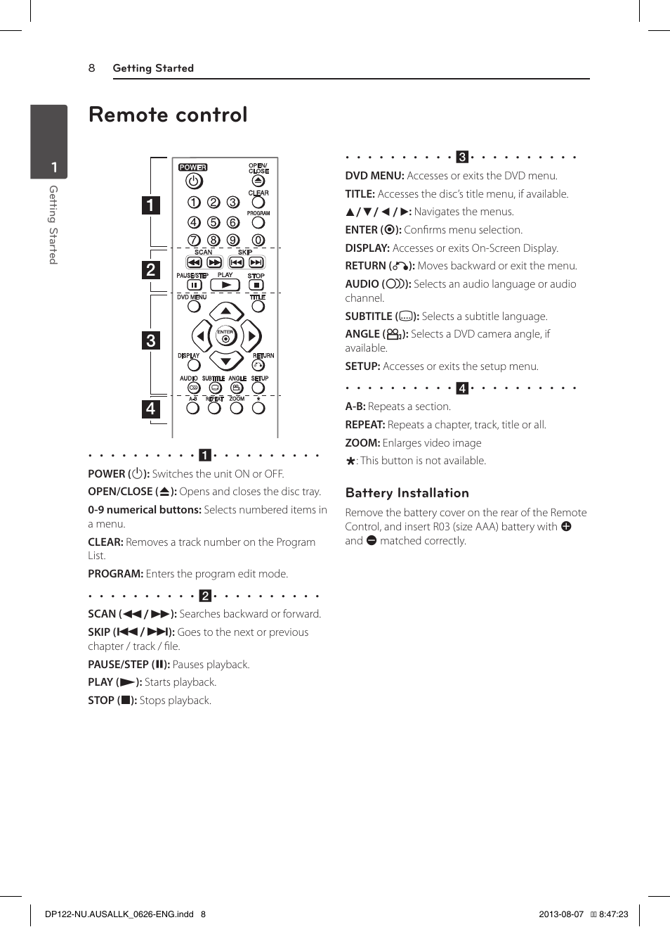 Remote control | LG DP122 User Manual | Page 8 / 22