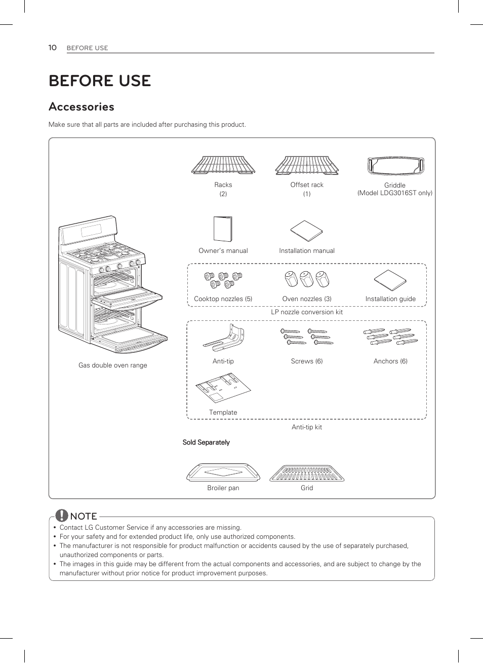 Before use, Accessories | LG LDG3015SW User Manual | Page 11 / 93