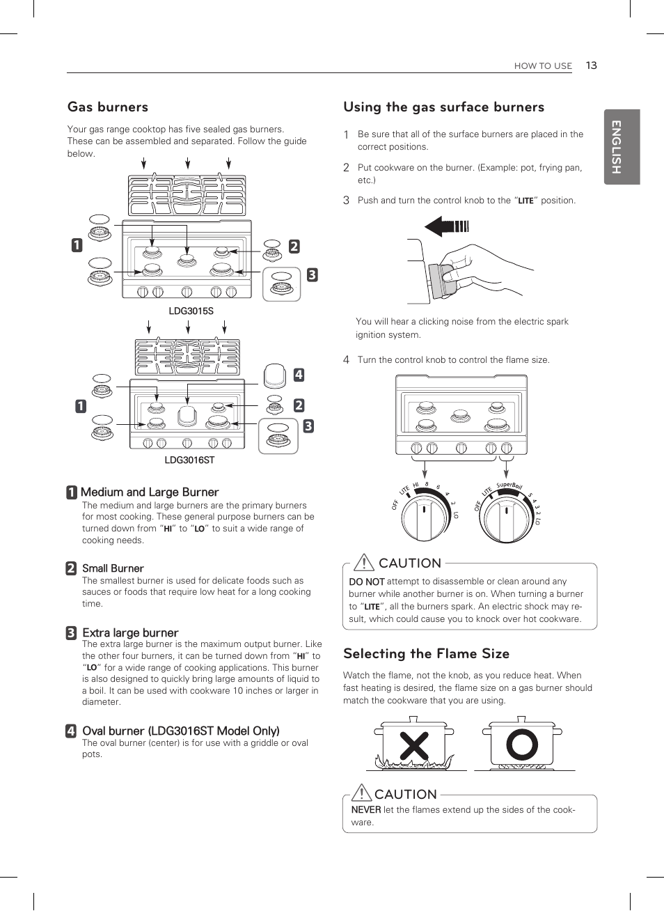 Gas burners, Using the gas surface burners, Selecting the flame size | LG LDG3015SW User Manual | Page 14 / 93