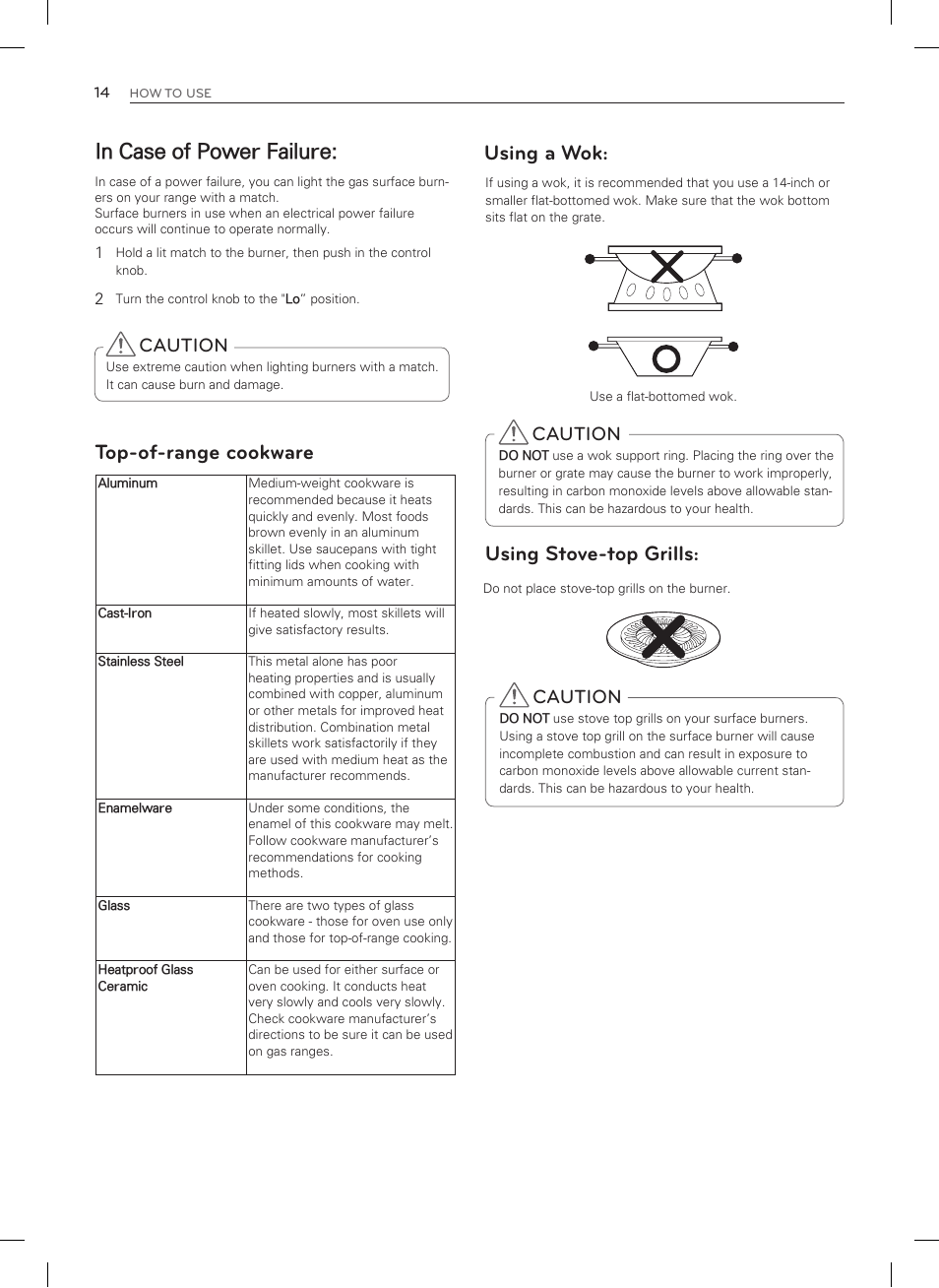 Using a wok: using stove-top grills, Top-of-range cookware, Caution | LG LDG3015SW User Manual | Page 15 / 93