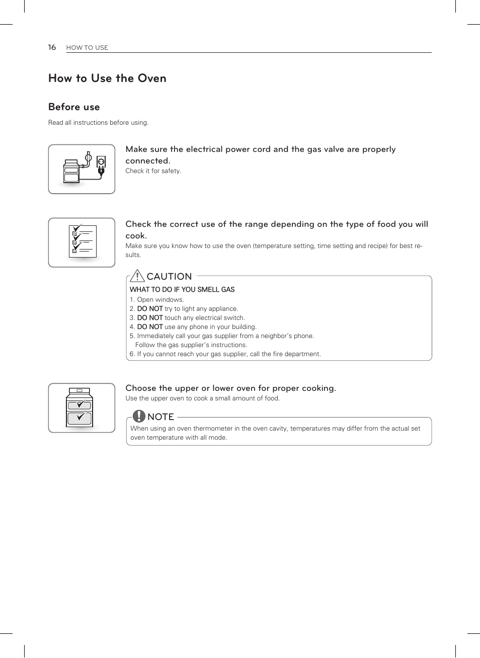 How to use the oven, Before use, Caution | LG LDG3015SW User Manual | Page 17 / 93