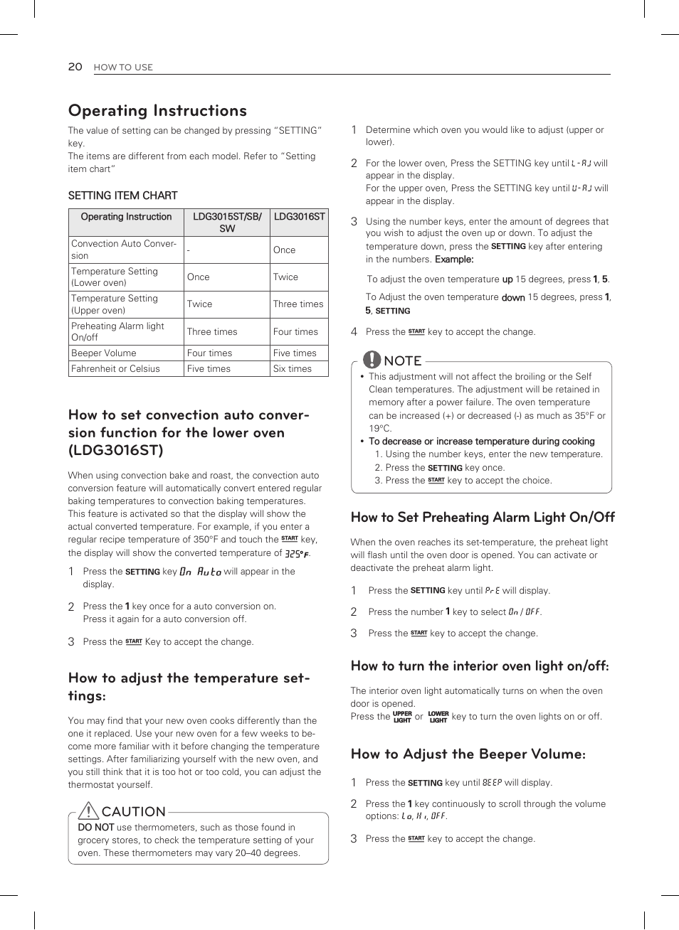 Operating instructions, How to set preheating alarm light on/off, How to turn the interior oven light on/off | How to adjust the beeper volume, How to adjust the temperature set- tings, Caution | LG LDG3015SW User Manual | Page 21 / 93