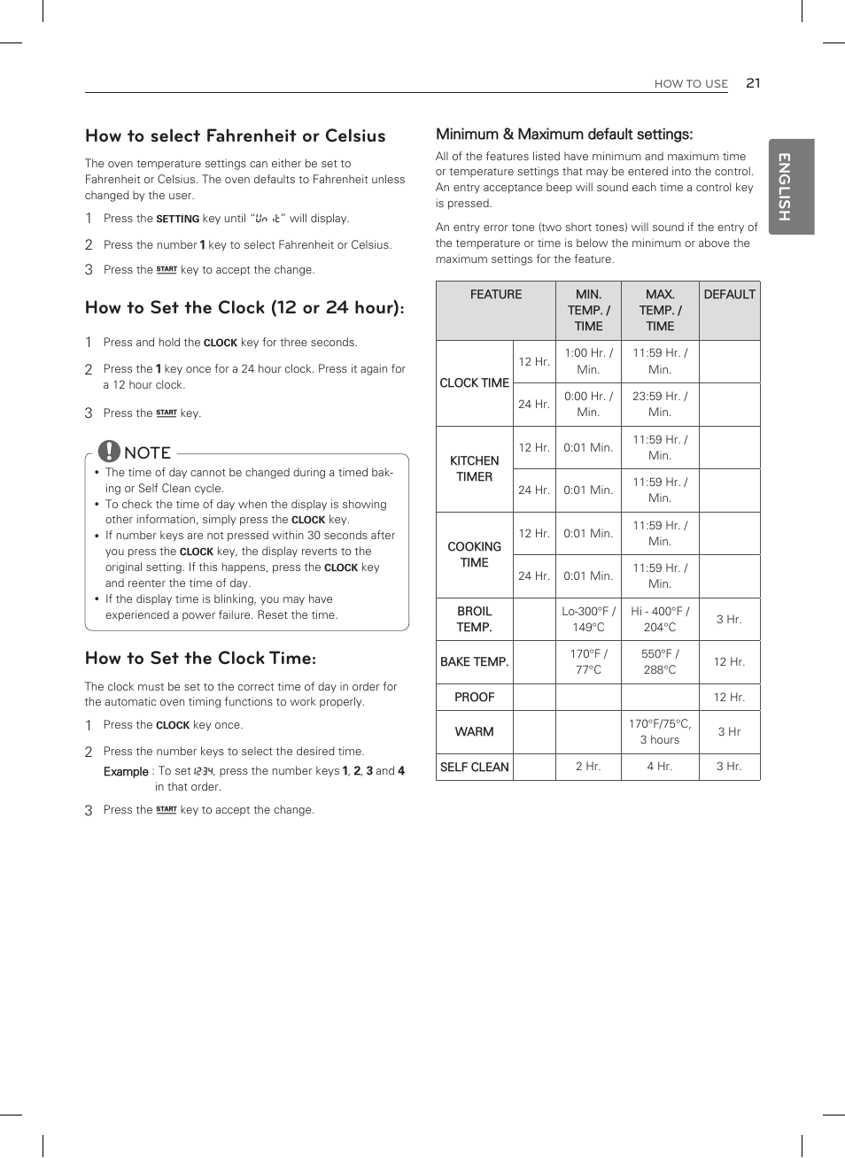 How to select fahrenheit or celsius, How to set the clock (12 or 24 hour), How to set the clock time | English | LG LDG3015SW User Manual | Page 22 / 93