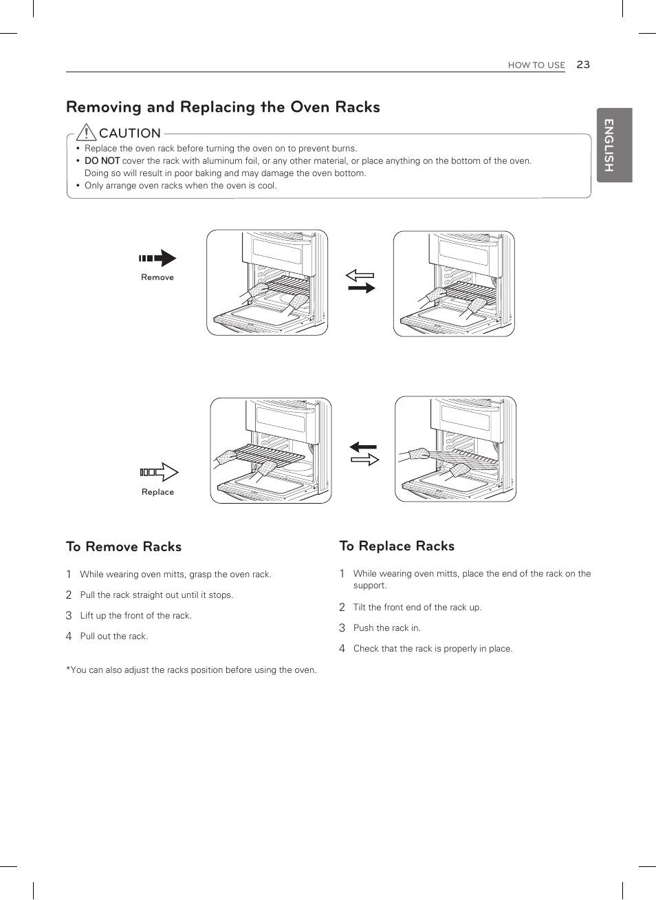 Removing and replacing the oven racks, Caution | LG LDG3015SW User Manual | Page 24 / 93