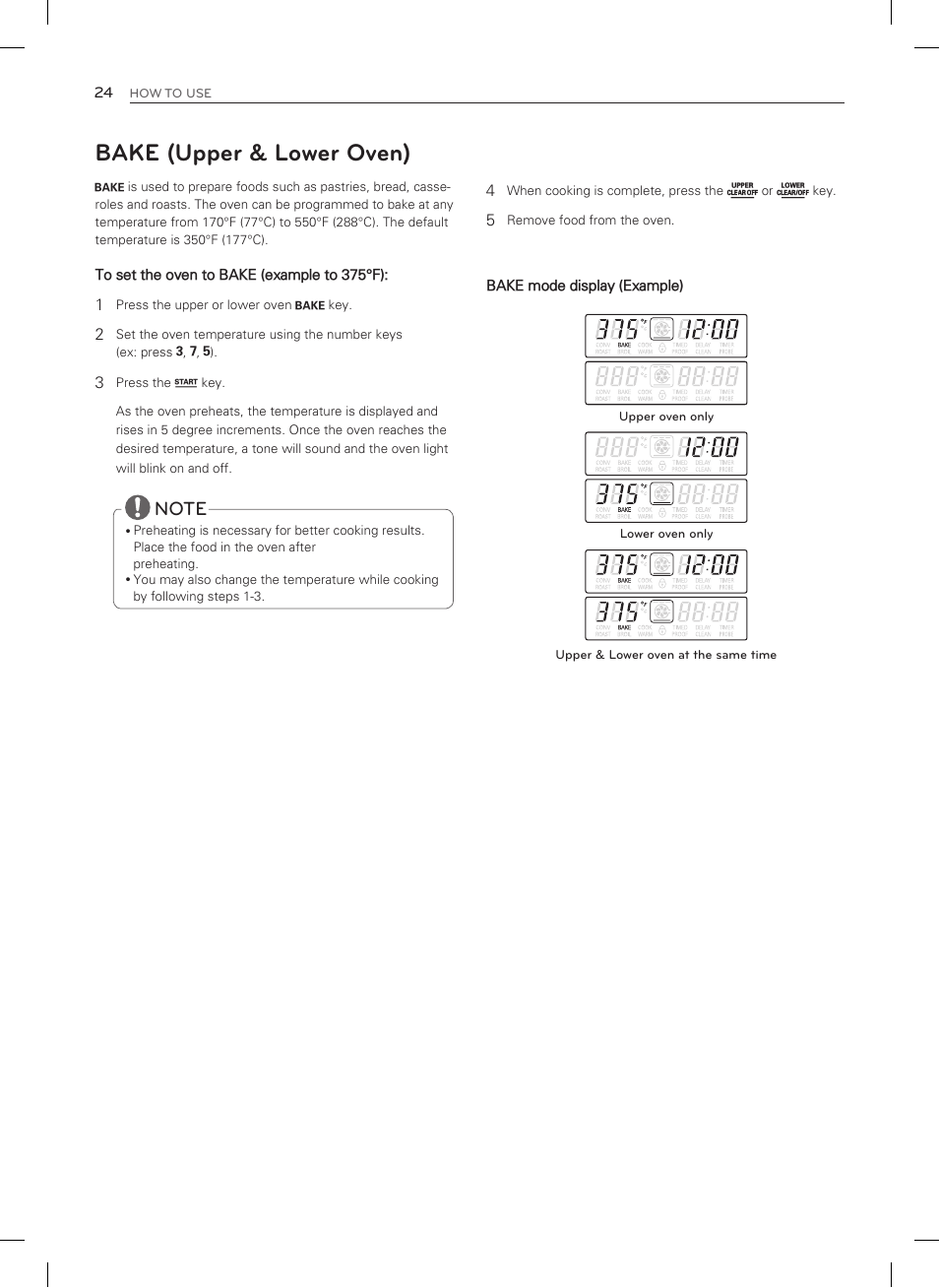 Bake (upper & lower oven) | LG LDG3015SW User Manual | Page 25 / 93