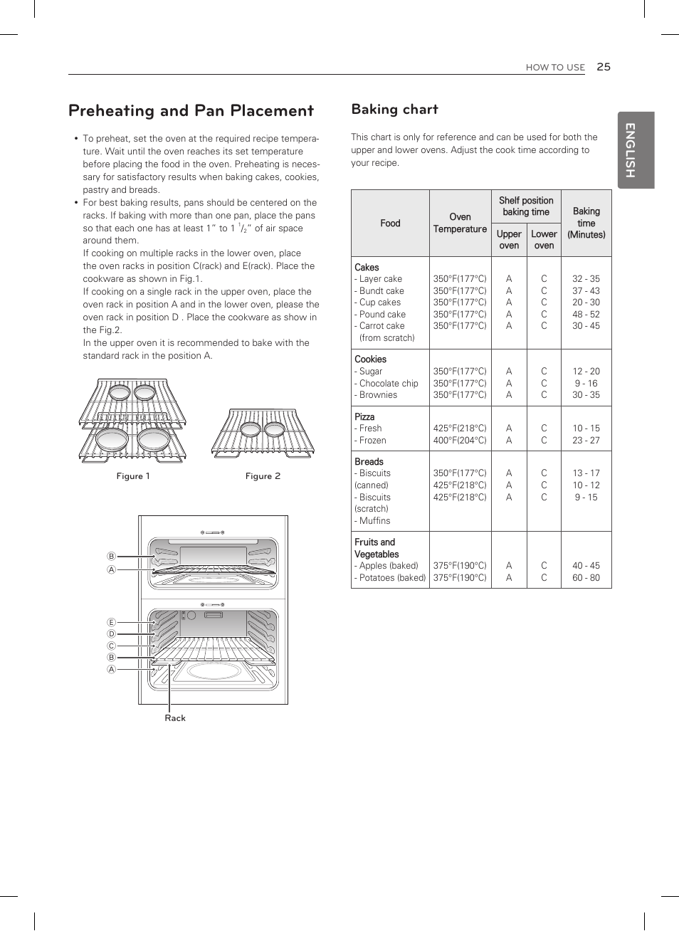 Preheating and pan placement, Baking chart, English | LG LDG3015SW User Manual | Page 26 / 93