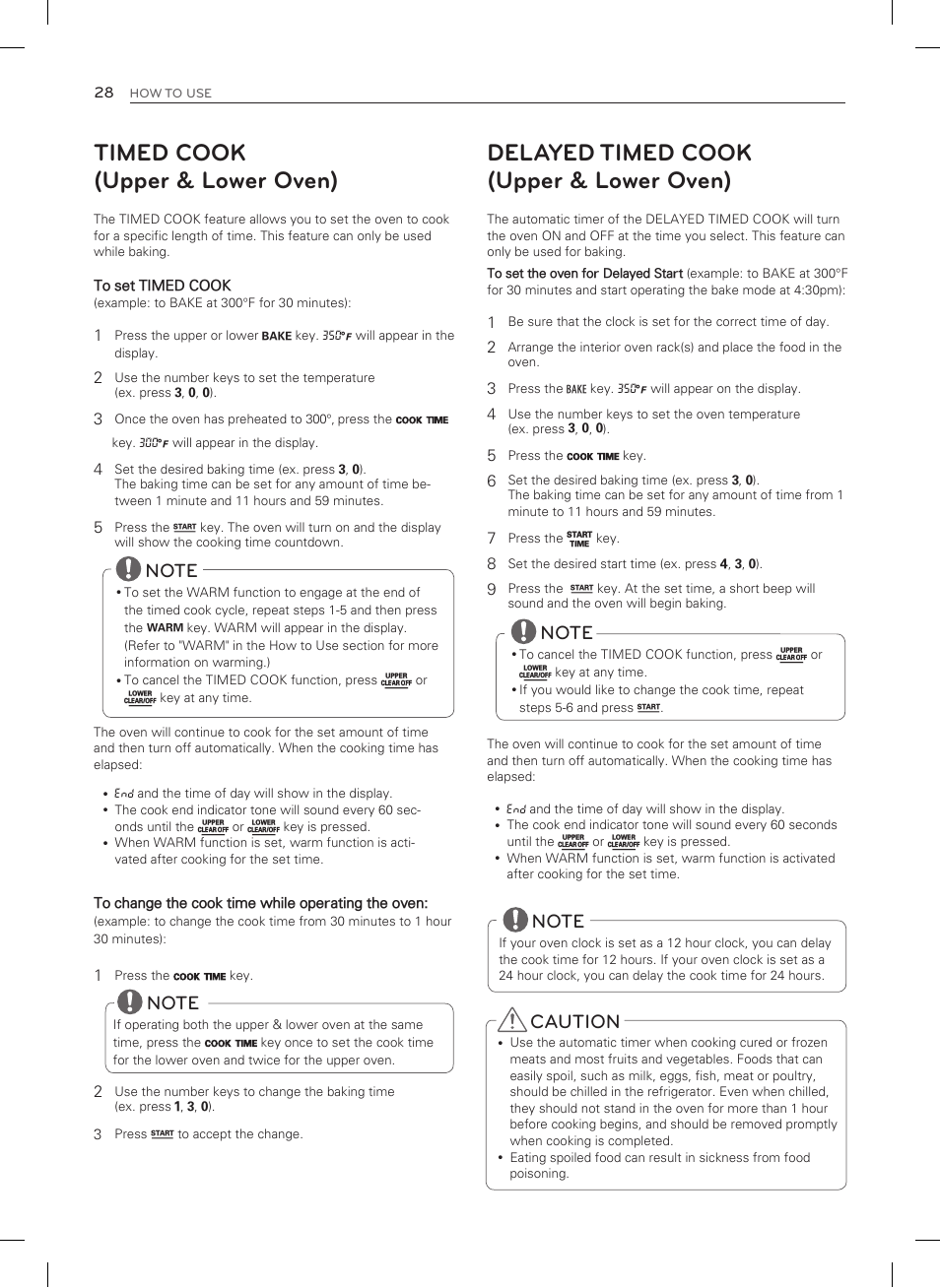 Timed cook (upper & lower oven), Delayed timed cook (upper & lower oven), Caution | LG LDG3015SW User Manual | Page 29 / 93