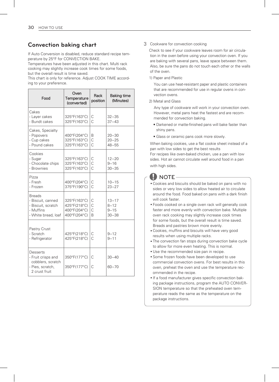 Convection baking chart | LG LDG3015SW User Manual | Page 31 / 93