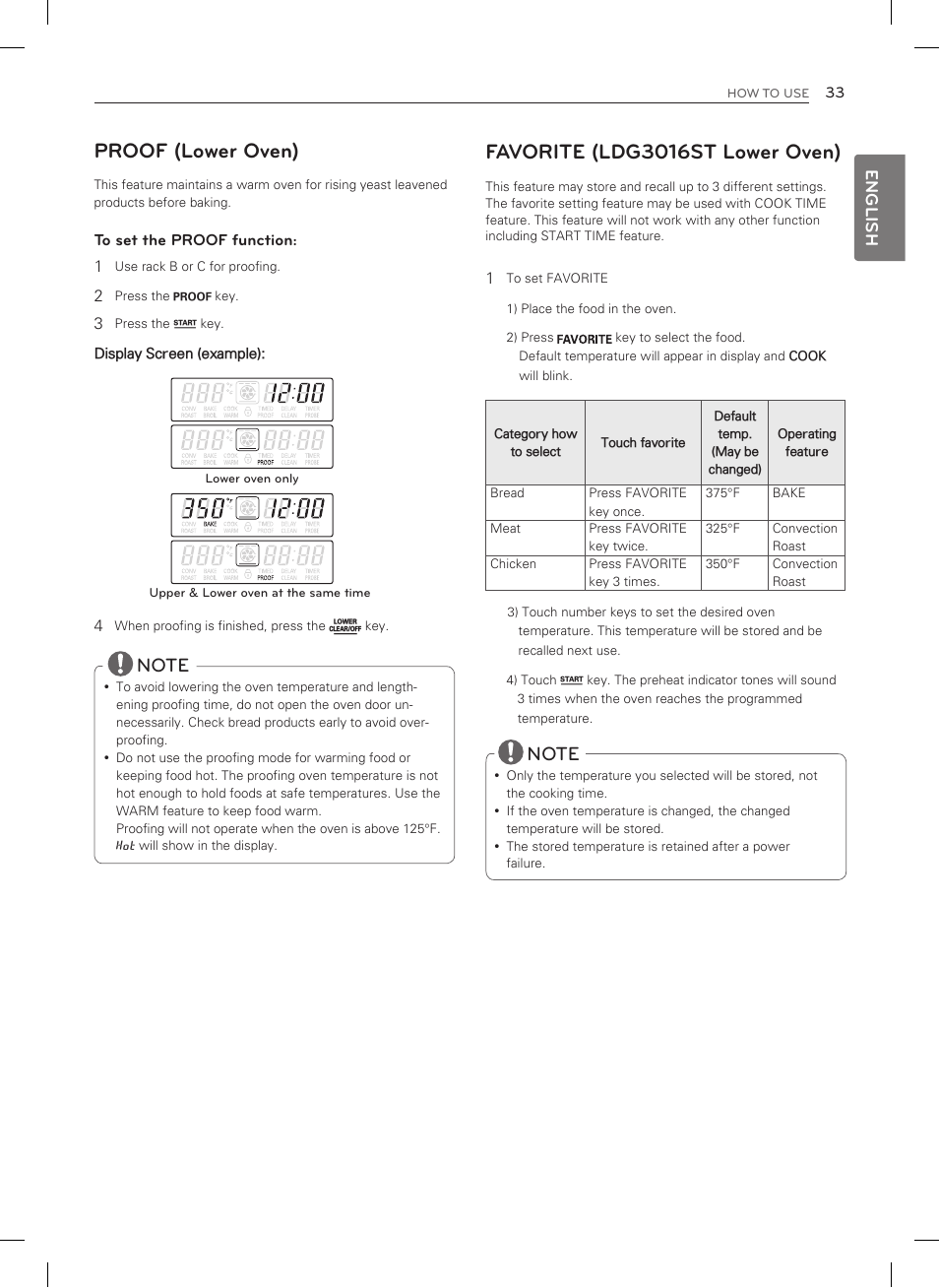 Favorite (ldg3016st lower oven), Proof (lower oven), English | LG LDG3015SW User Manual | Page 34 / 93