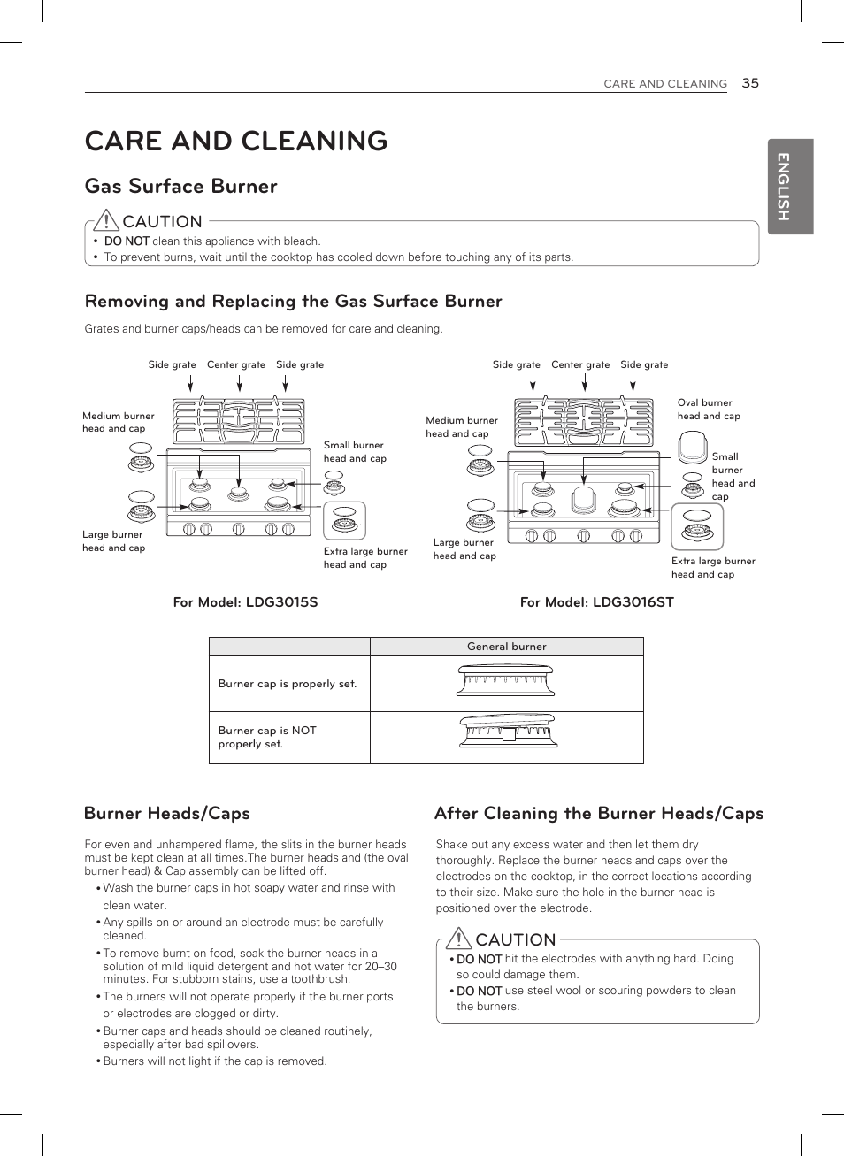 Care and cleaning, Gas surface burner, Removing and replacing the gas surface burner | Burner heads/caps, After cleaning the burner heads/caps, Caution, English | LG LDG3015SW User Manual | Page 36 / 93