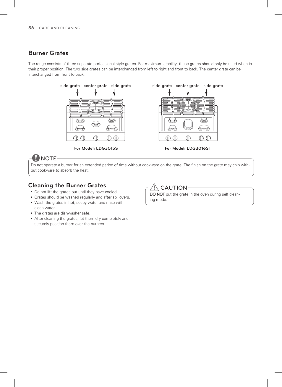 Burner grates, Cleaning the burner grates, Caution | LG LDG3015SW User Manual | Page 37 / 93