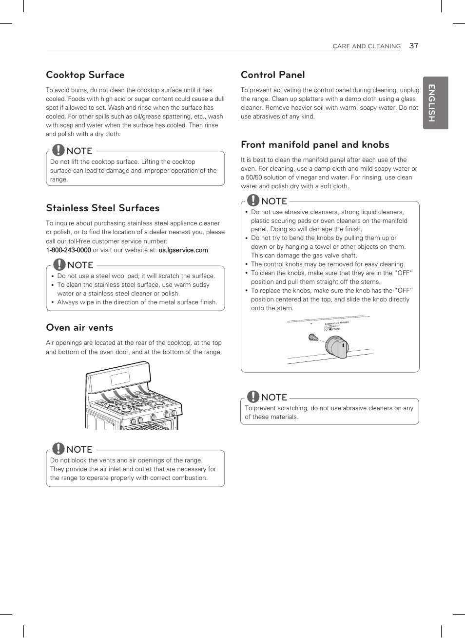Cooktop surface, Stainless steel surfaces, Oven air vents | Control panel, Front manifold panel and knobs | LG LDG3015SW User Manual | Page 38 / 93