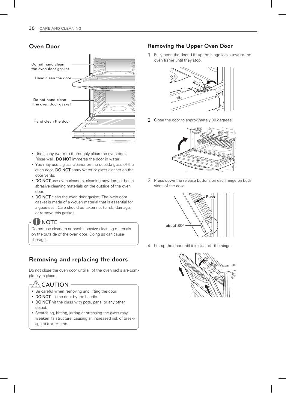 Oven door, Removing and replacing the doors, Caution | Removing the upper oven door | LG LDG3015SW User Manual | Page 39 / 93