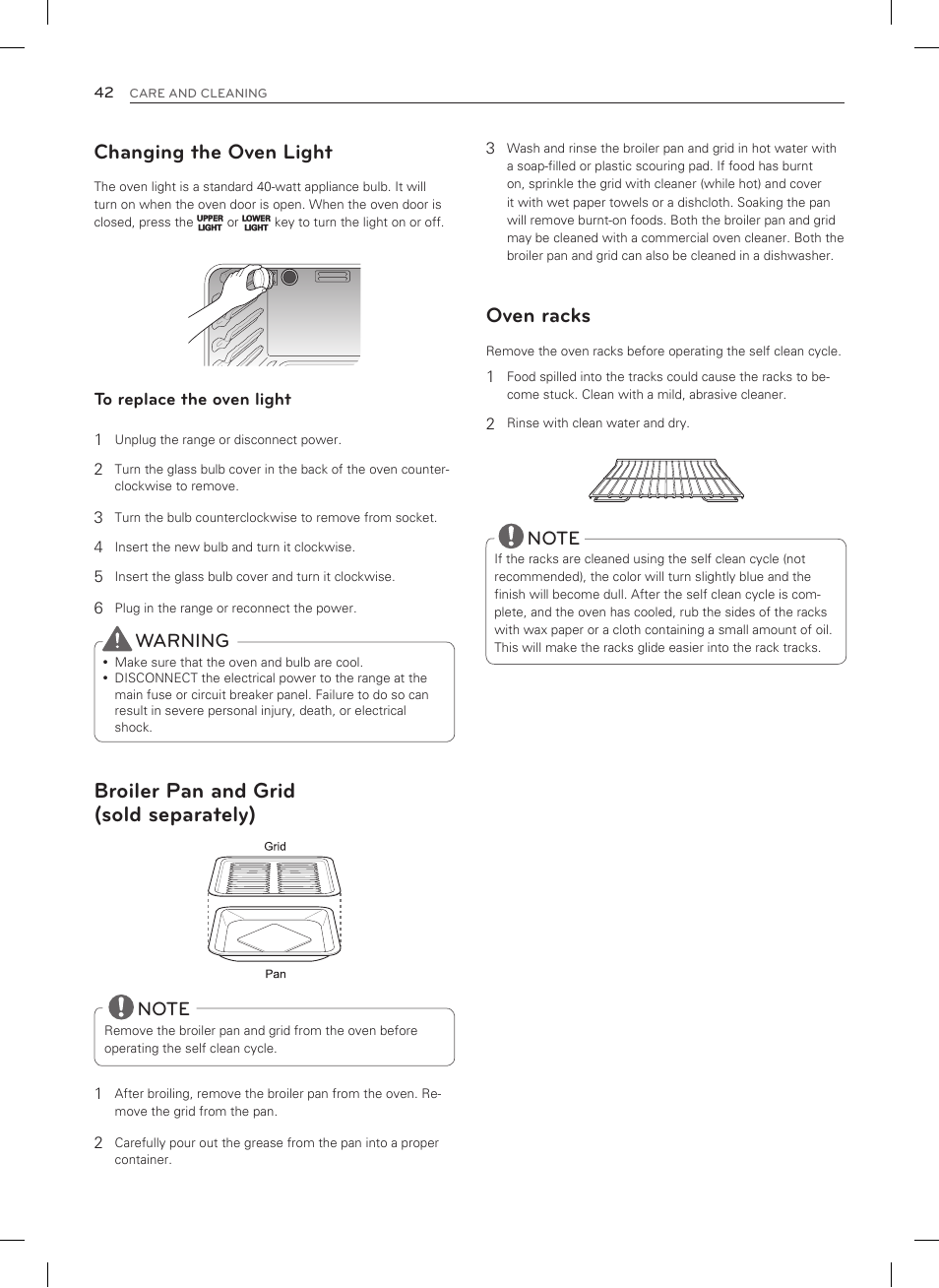 Broiler pan and grid (sold separately), Changing the oven light, Oven racks | Warning | LG LDG3015SW User Manual | Page 43 / 93