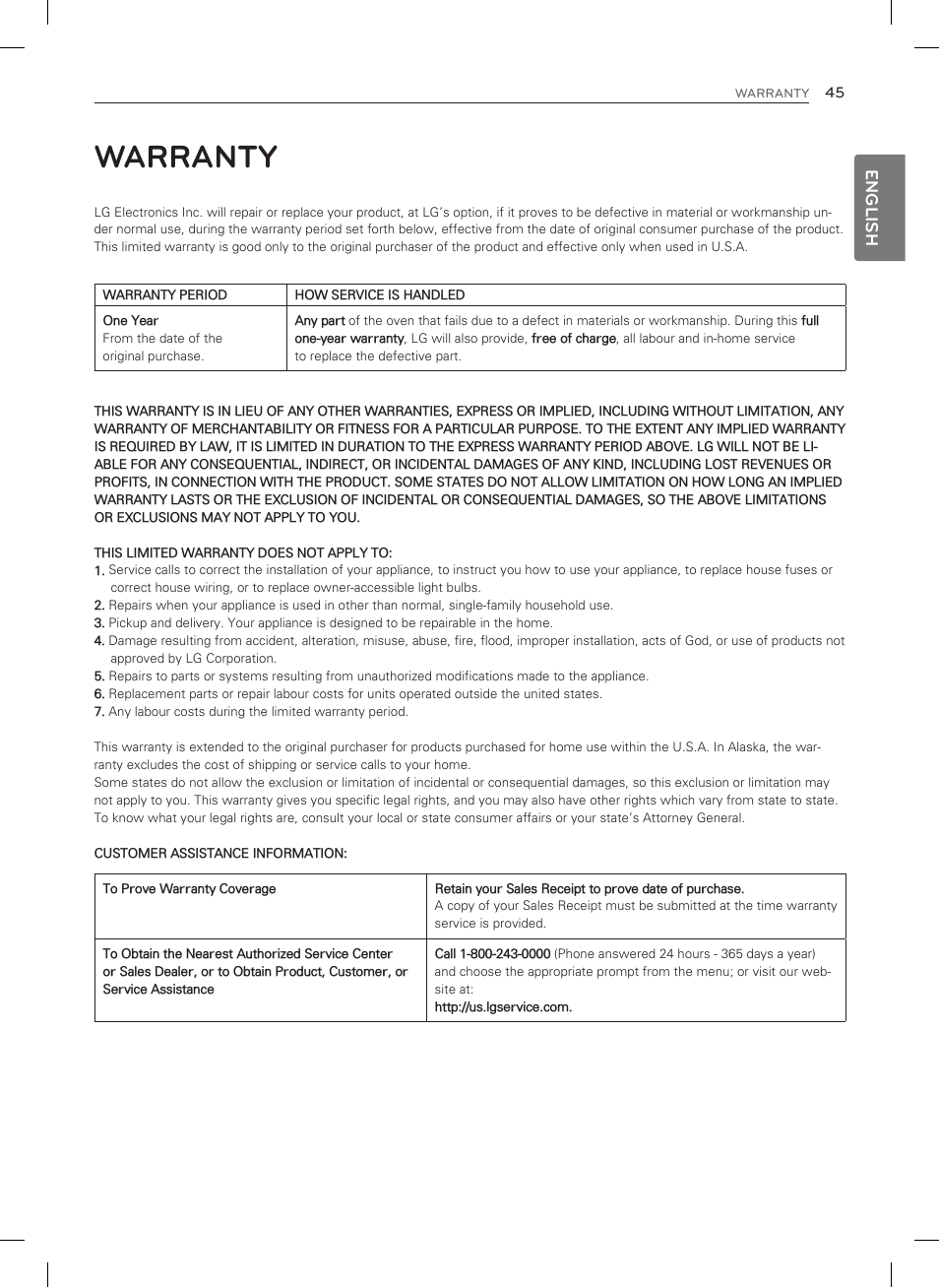 Warranty, English | LG LDG3015SW User Manual | Page 46 / 93