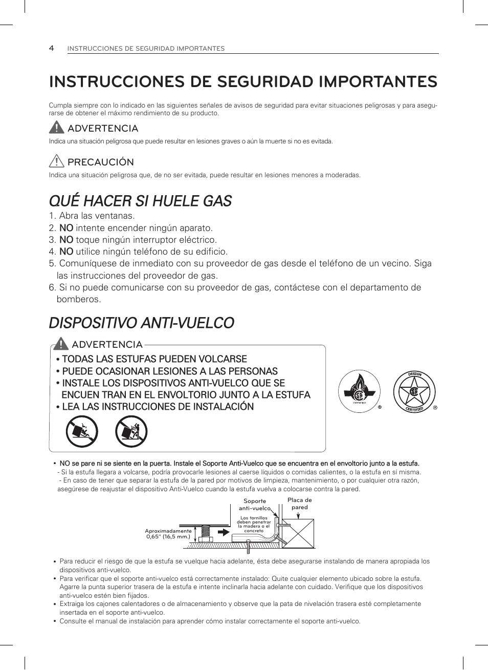 Instrucciones de seguridad importantes, Qué hacer si huele gas, Dispositivo anti-vuelco | Advertencia, Precaución | LG LDG3015SW User Manual | Page 51 / 93