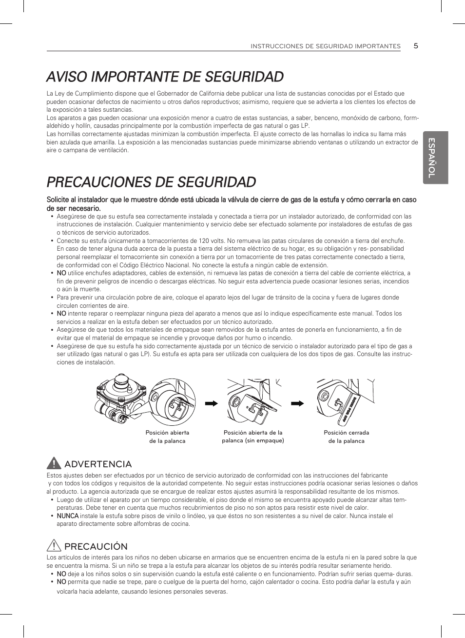 Aviso importante de seguridad, Precauciones de seguridad, Advertencia | Precaución, Esp añol | LG LDG3015SW User Manual | Page 52 / 93