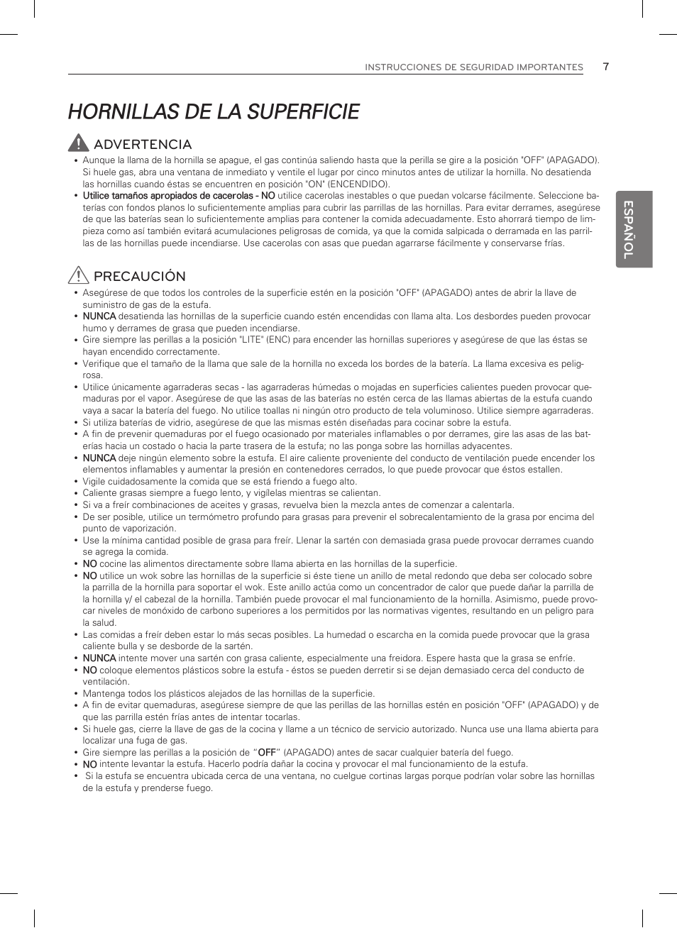 Hornillas de la superficie, Advertencia, Precaución | Esp añol | LG LDG3015SW User Manual | Page 54 / 93