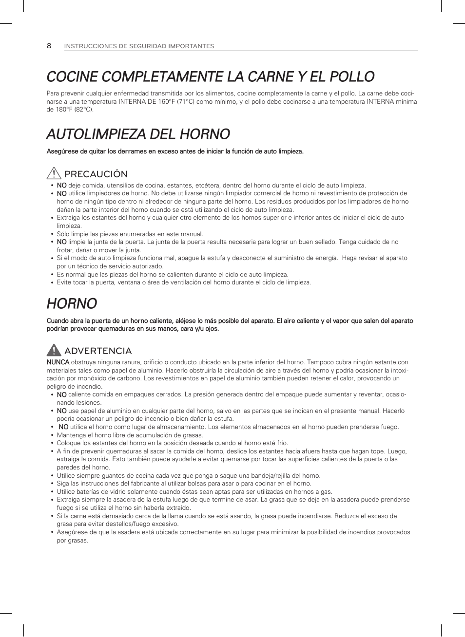 Cocine completamente la carne y el pollo, Autolimpieza del horno, Horno | Precaución, Advertencia | LG LDG3015SW User Manual | Page 55 / 93