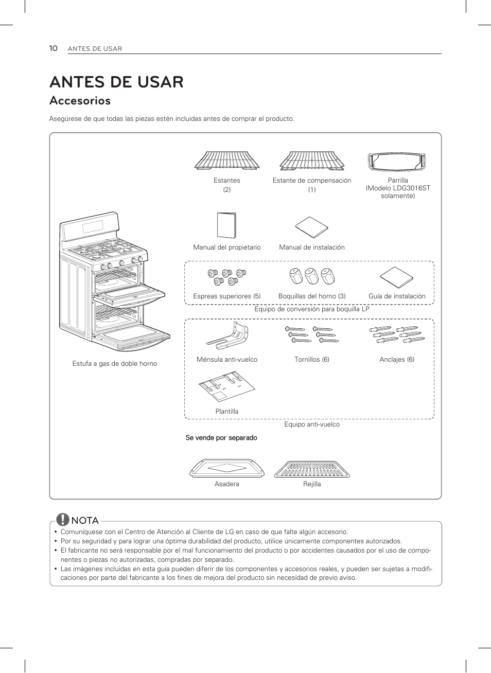 Antes de usar, Accesorios, Nota | LG LDG3015SW User Manual | Page 57 / 93