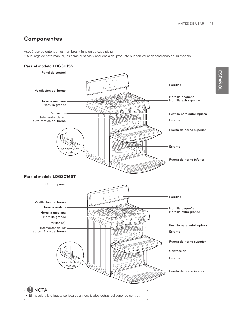Componentes, Nota, Esp añol | LG LDG3015SW User Manual | Page 58 / 93