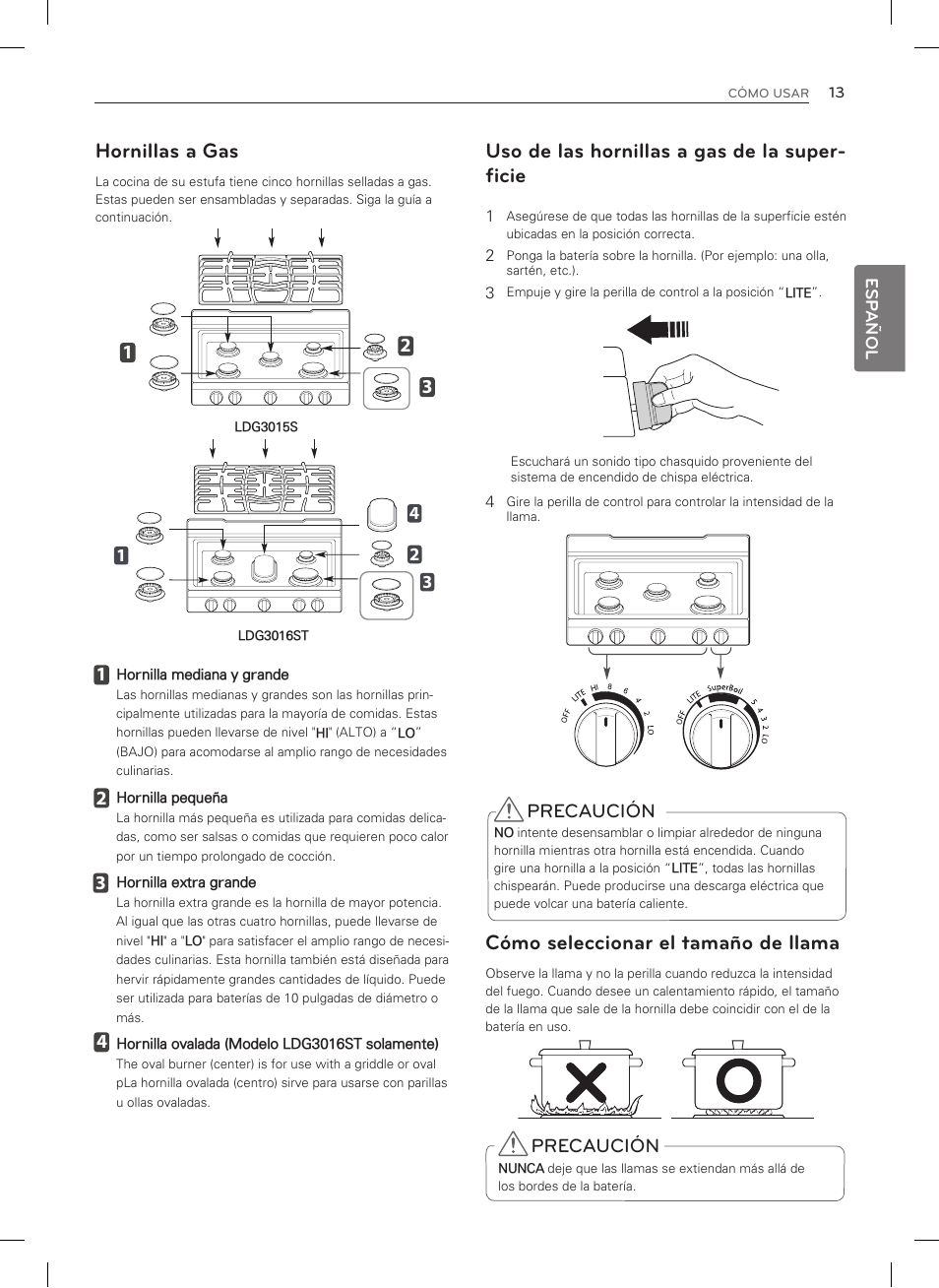 Hornillas a gas, Uso de las hornillas a gas de la super- ficie, Cómo seleccionar el tamaño de llama | LG LDG3015SW User Manual | Page 60 / 93