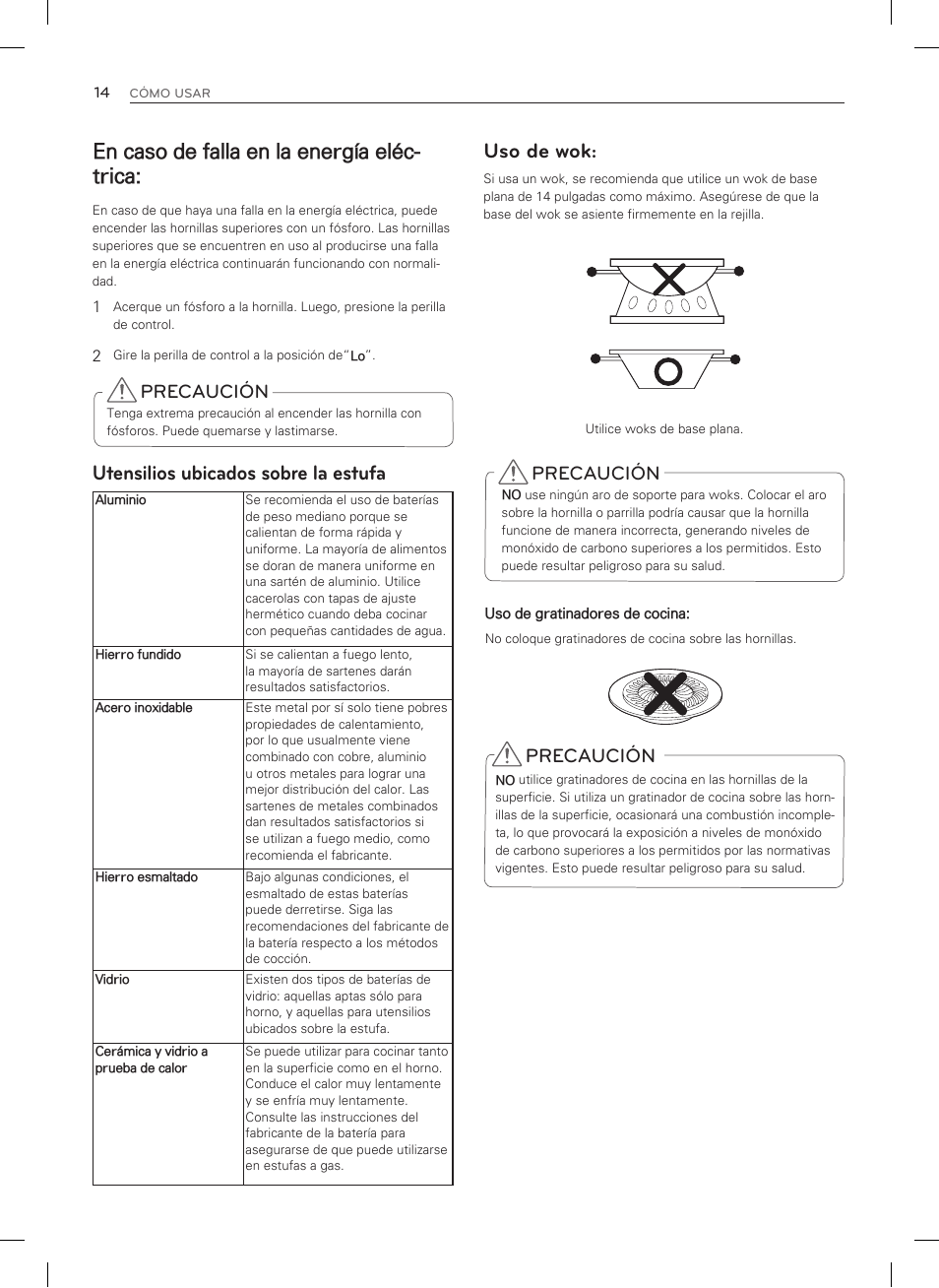 En caso de falla en la energía eléc- trica, Utensilios ubicados sobre la estufa, Uso de wok | Precaución | LG LDG3015SW User Manual | Page 61 / 93