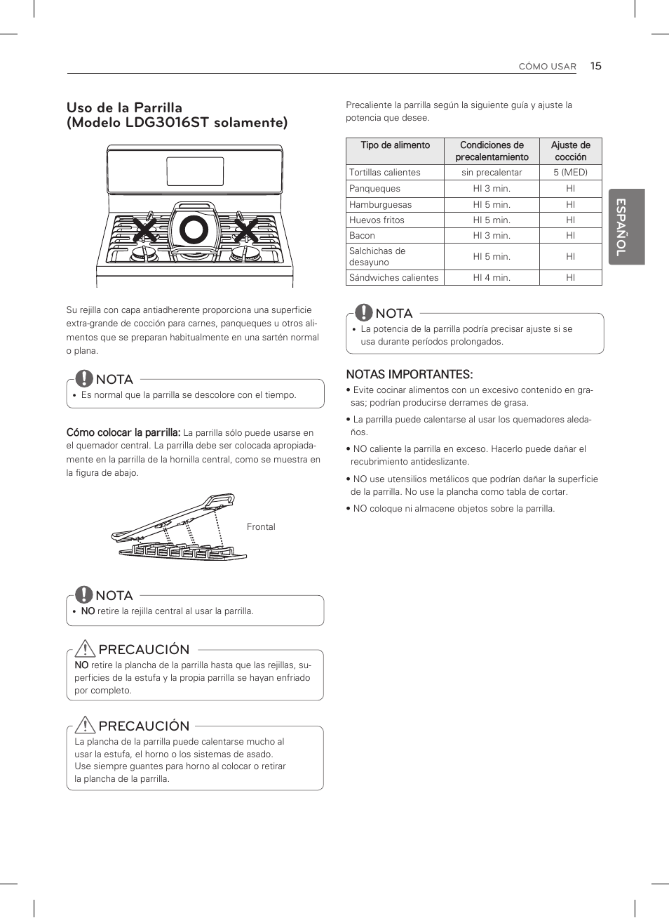 Uso de la parrilla (modelo ldg3016st solamente), Precaución, Nota | Esp añol | LG LDG3015SW User Manual | Page 62 / 93
