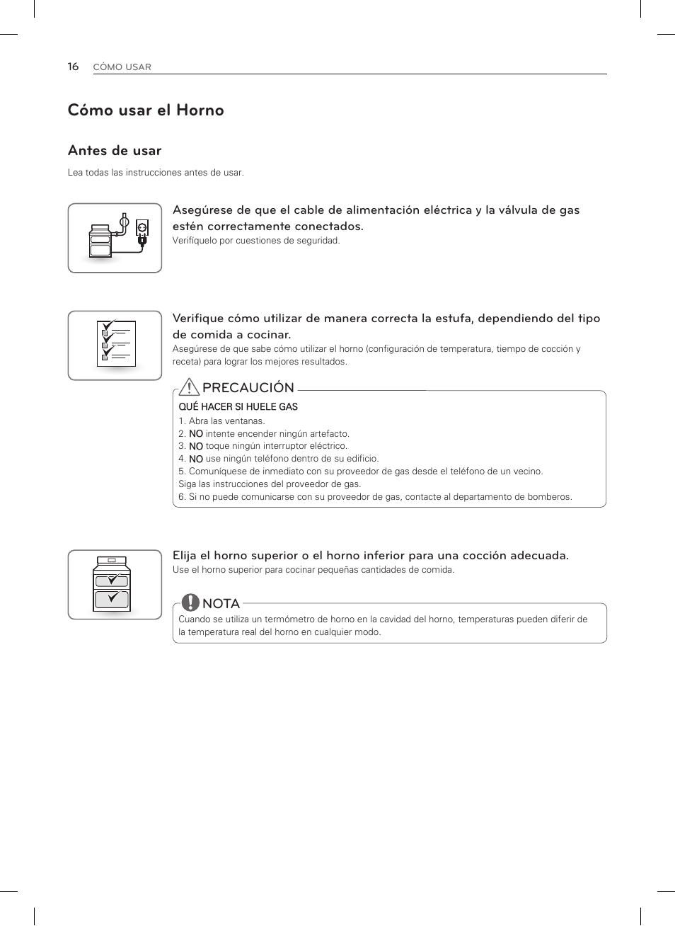 Cómo usar el horno, Antes de usar | LG LDG3015SW User Manual | Page 63 / 93