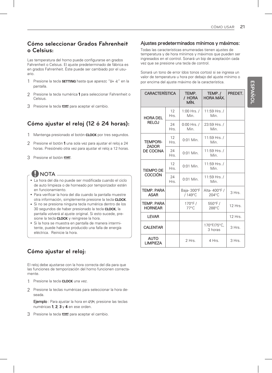 Cómo seleccionar grados fahrenheit o celsius, Cómo ajustar el reloj (12 ó 24 horas), Cómo ajustar el reloj | Nota, Esp añol | LG LDG3015SW User Manual | Page 68 / 93