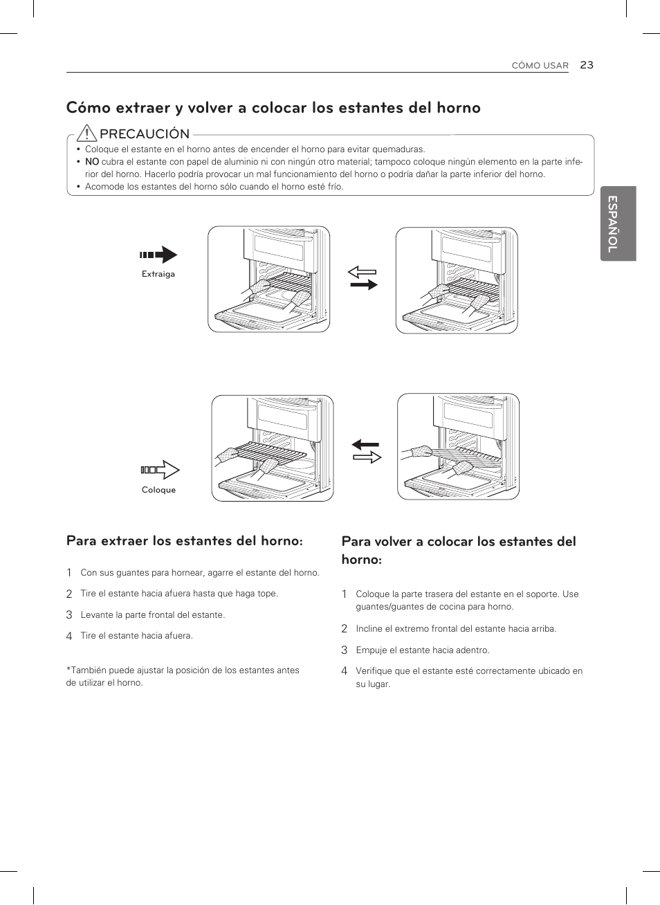 Para extraer los estantes del horno, Para volver a colocar los estantes del horno, Precaución | LG LDG3015SW User Manual | Page 70 / 93