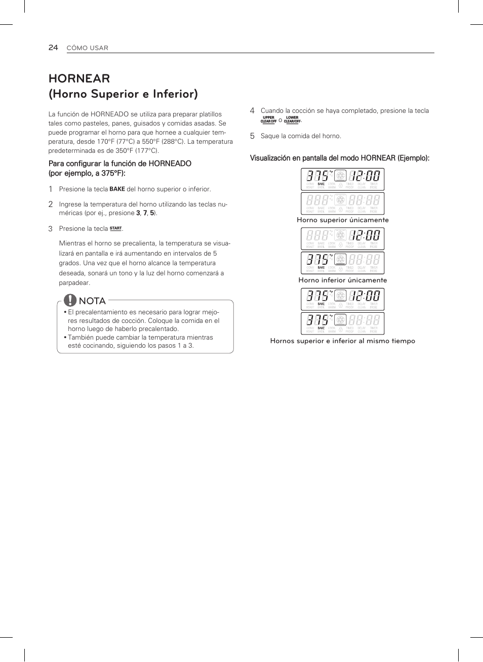 Hornear (horno superior e inferior), Nota | LG LDG3015SW User Manual | Page 71 / 93