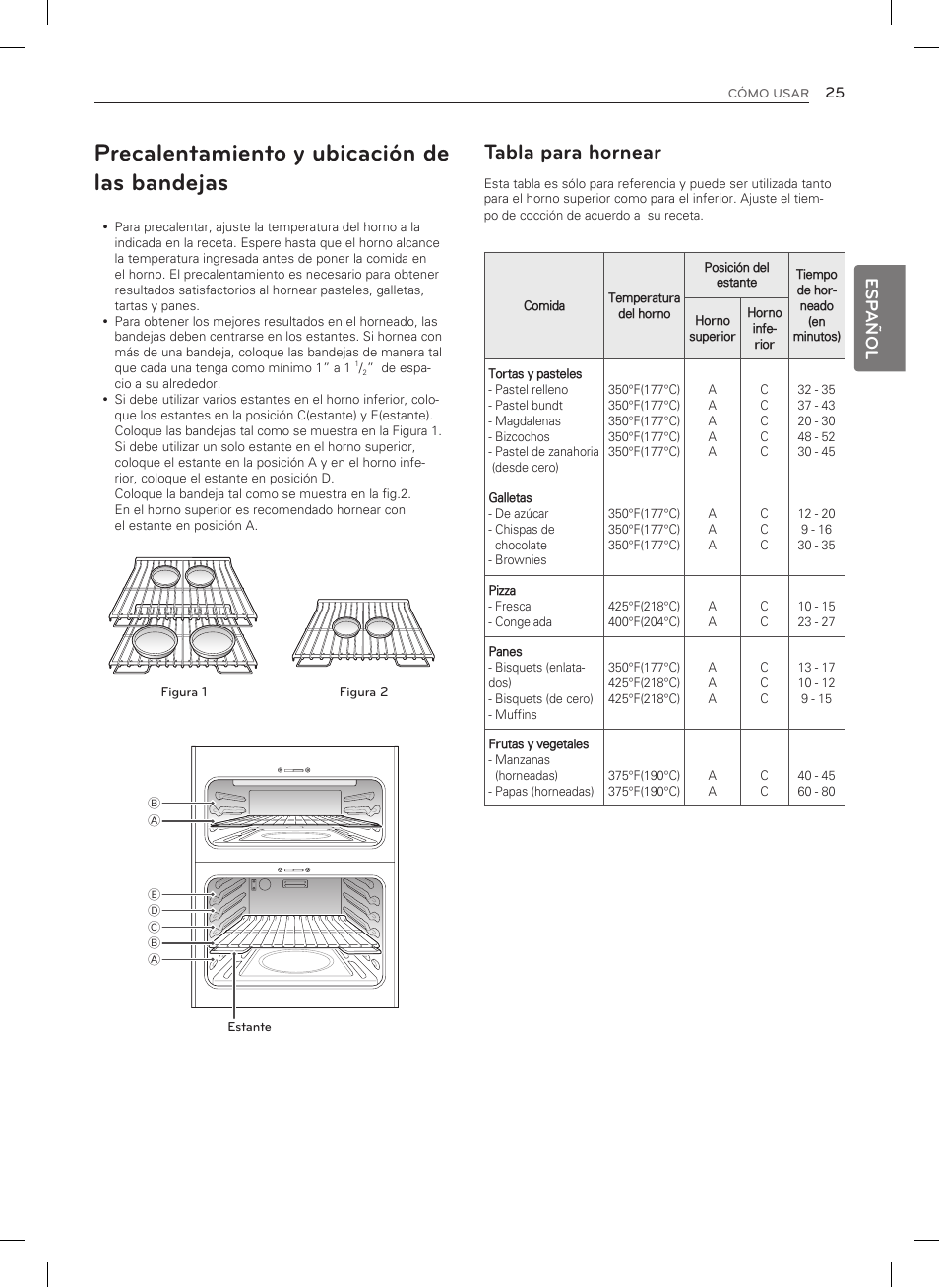 Precalentamiento y ubicación de las bandejas, Tabla para hornear, Esp añol | LG LDG3015SW User Manual | Page 72 / 93