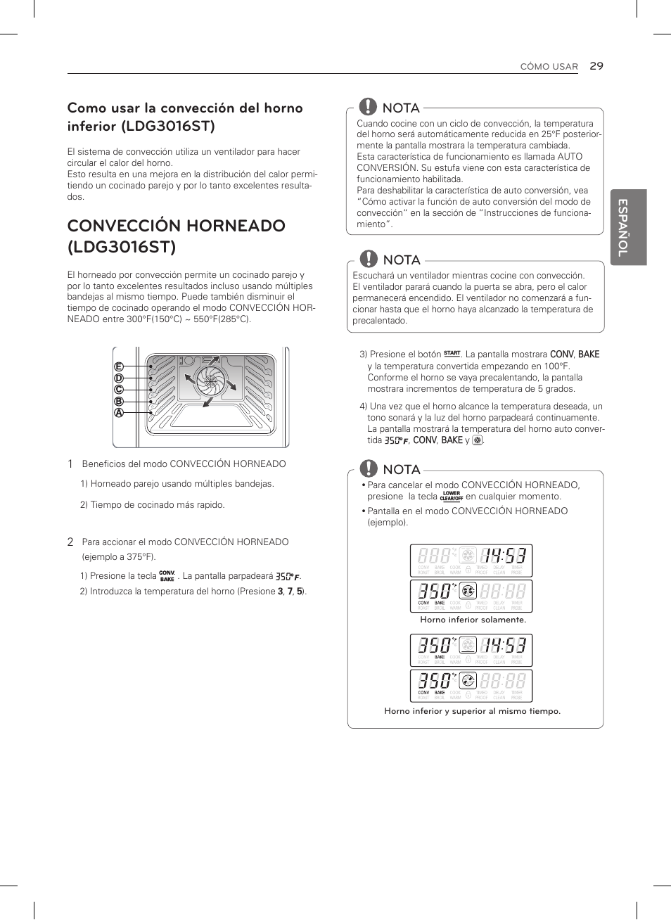 Convección horneado (ldg3016st), Nota | LG LDG3015SW User Manual | Page 76 / 93
