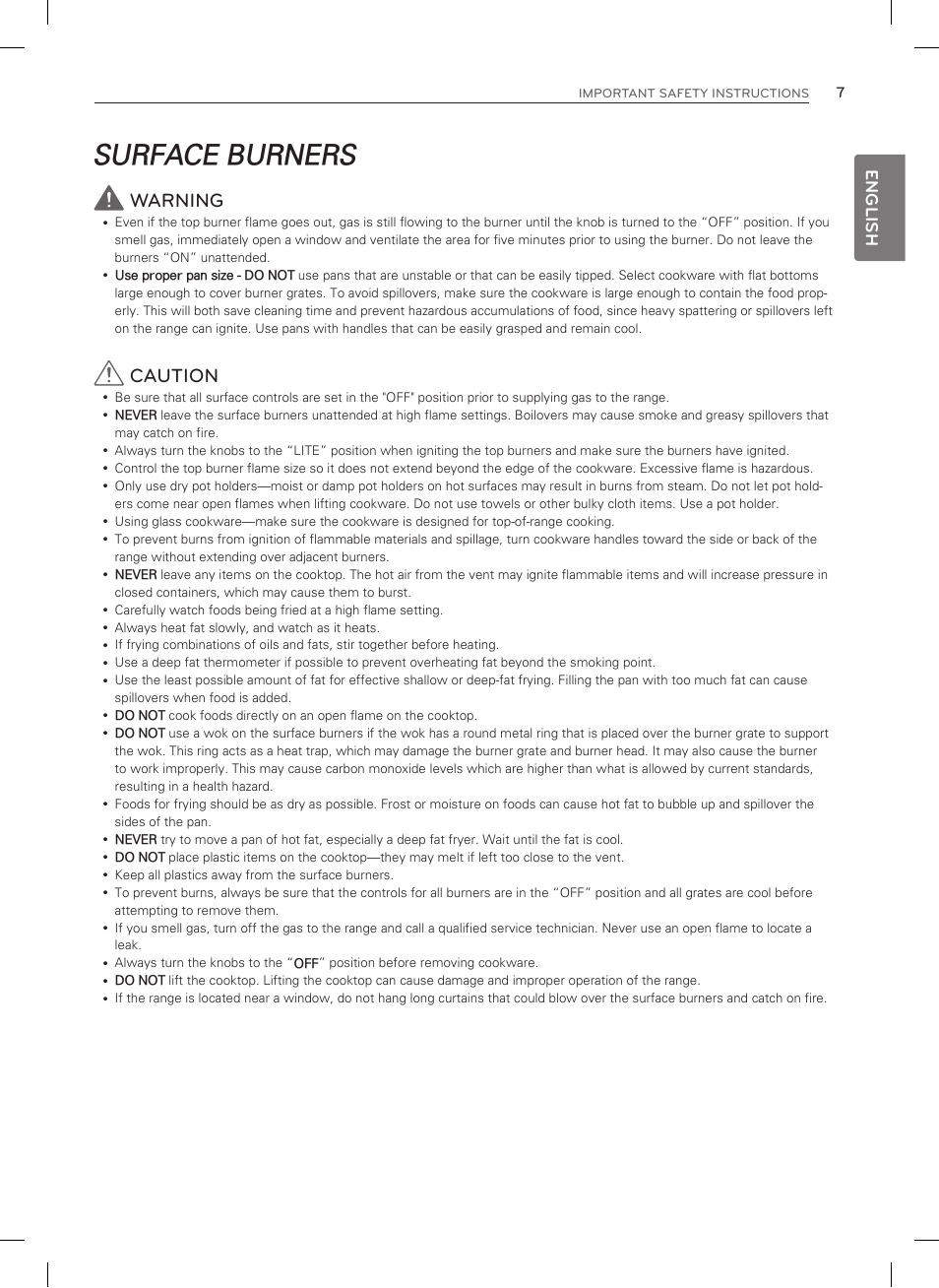 Surface burners, Warning, Caution | English | LG LDG3015SW User Manual | Page 8 / 93