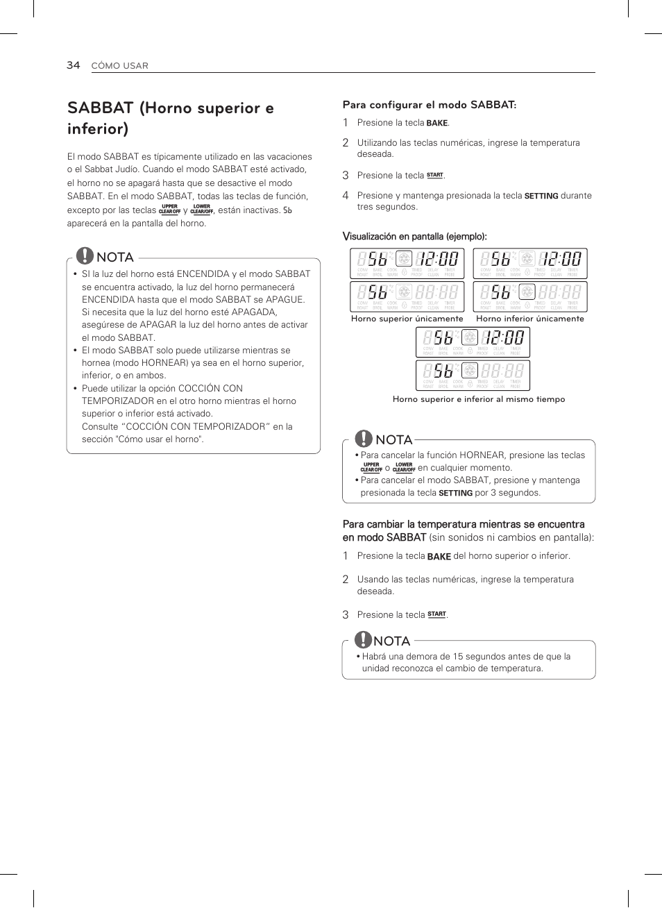 Sabbat (horno superior e inferior), Nota | LG LDG3015SW User Manual | Page 81 / 93