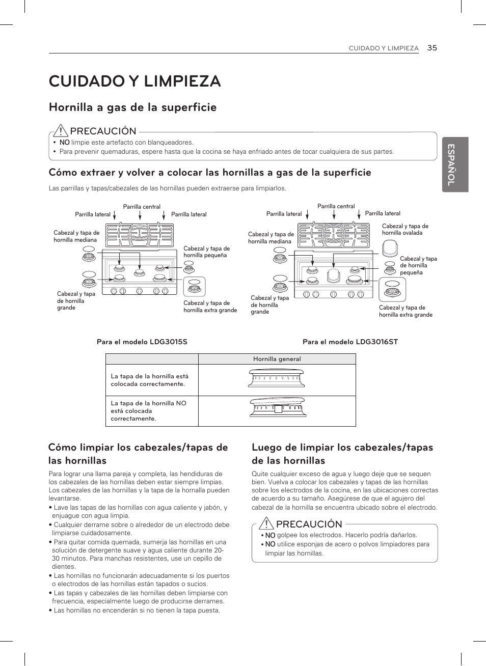 Cuidado y limpieza, Hornilla a gas de la superficie, Cómo limpiar los cabezales/tapas de las hornillas | Precaución | LG LDG3015SW User Manual | Page 82 / 93