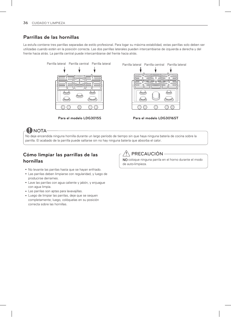 Parrillas de las hornillas, Cómo limpiar las parrillas de las hornillas, Nota | Precaución | LG LDG3015SW User Manual | Page 83 / 93