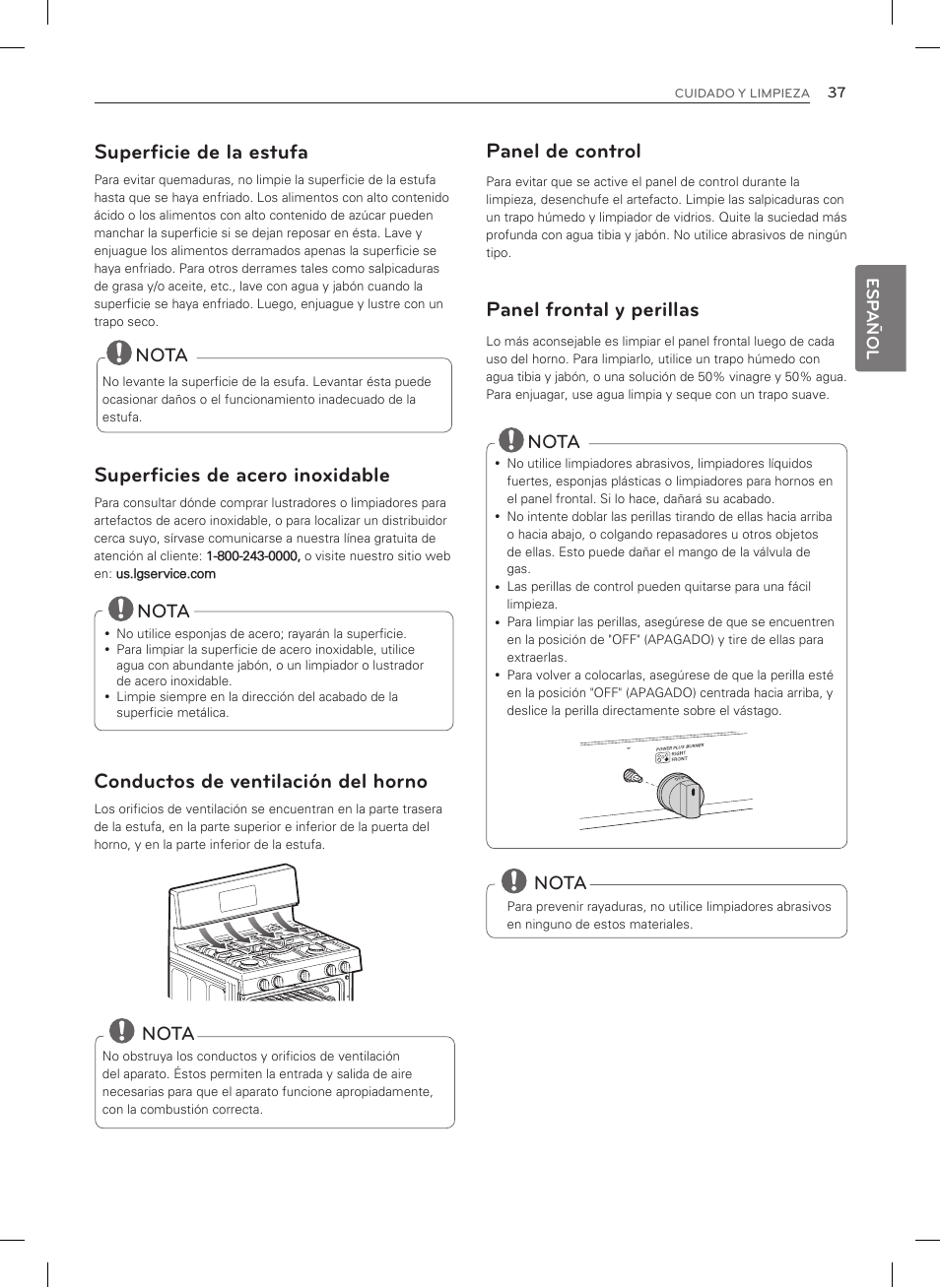 Superficie de la estufa, Superficies de acero inoxidable, Conductos de ventilación del horno | Panel de control, Panel frontal y perillas, Nota | LG LDG3015SW User Manual | Page 84 / 93