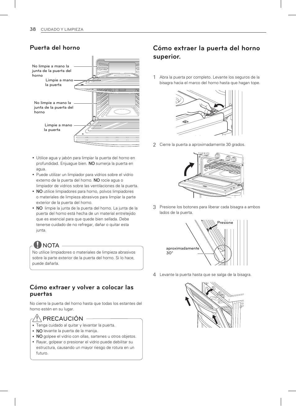 Cómo extraer la puerta del horno superior, Puerta del horno, Cómo extraer y volver a colocar las puertas | Nota, Precaución | LG LDG3015SW User Manual | Page 85 / 93