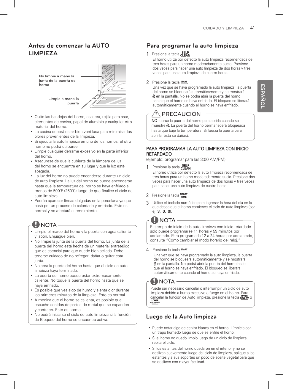 Antes de comenzar la auto limpieza, Luego de la auto limpieza, Para programar la auto limpieza | Precaución, Nota, Esp añol | LG LDG3015SW User Manual | Page 88 / 93