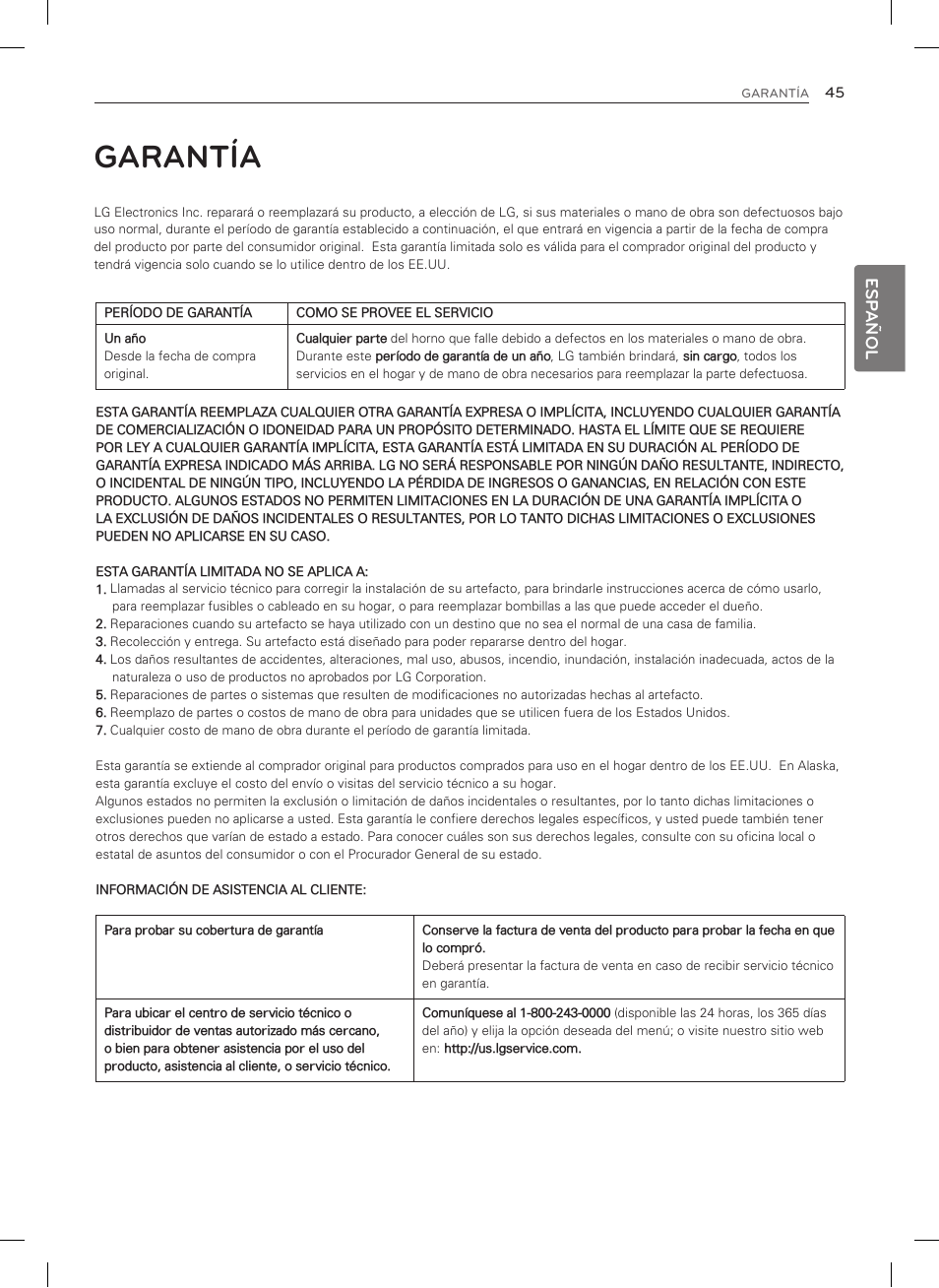 Garantía, Esp añol | LG LDG3015SW User Manual | Page 92 / 93