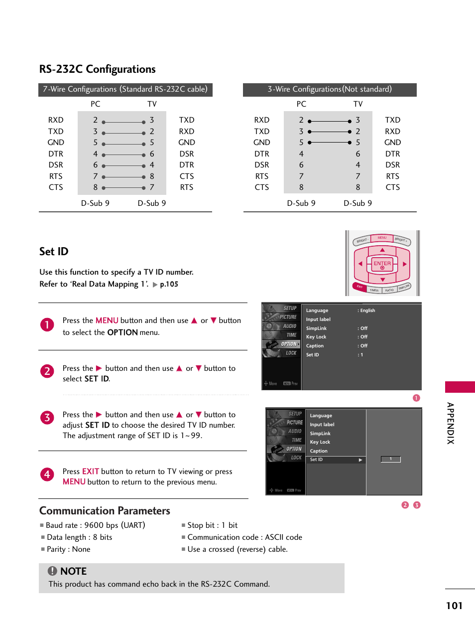 Set id, Communication parameters, Rs-232c configurations | Appendix, Press the m me en nu u button and then use, Button and then use, Button to select s se et t iid d. press the, Baud rate : 9600 bps (uart), Data length : 8 bits, Parity : none | LG 37LB4DS User Manual | Page 103 / 110
