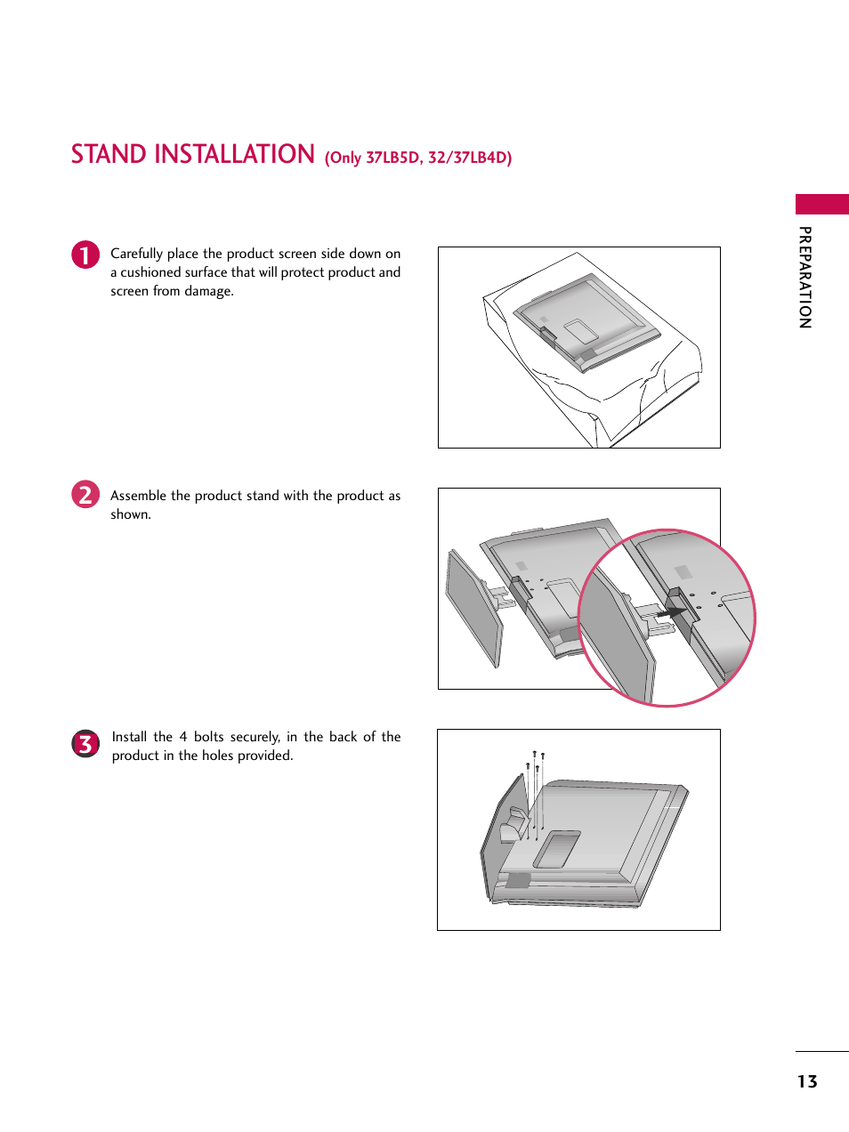 Stand installation | LG 37LB4DS User Manual | Page 15 / 110