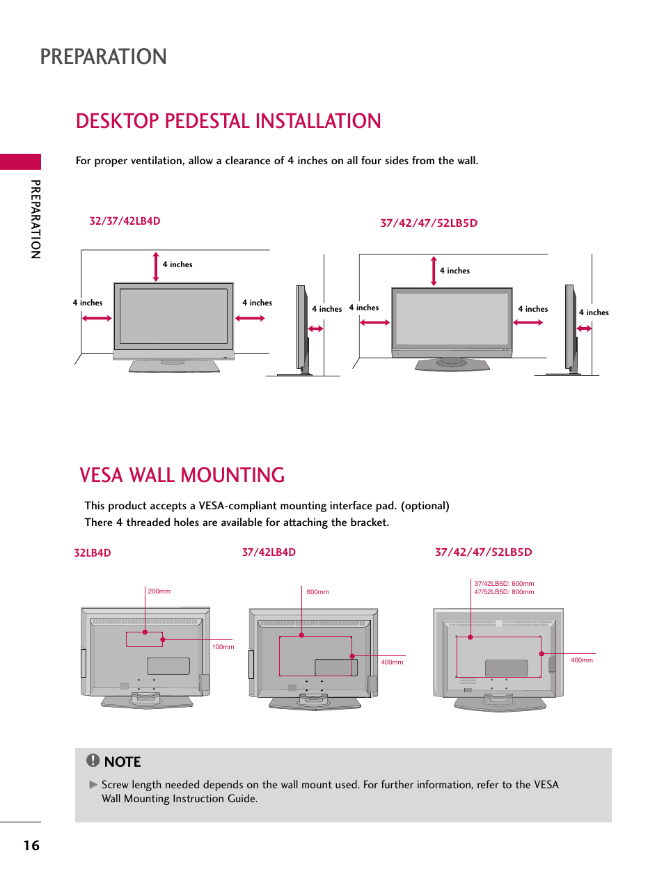 Preparation, Desktop pedestal installation, Vesa wall mounting | Prep ar a tion, 32lb4d | LG 37LB4DS User Manual | Page 18 / 110