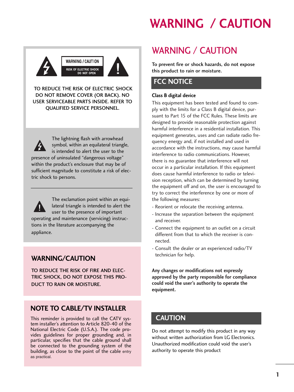 Warning / caution, Fcc notice, Caution | Warning/caution | LG 37LB4DS User Manual | Page 3 / 110